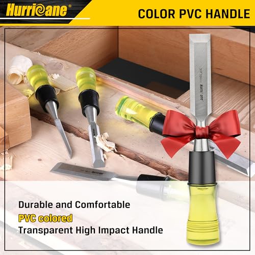 HURRICANE 4 Piece Wood Chisel Set for Woodworking. CR-V Steel Beveled Edge Blades with Safety Caps. Extra Large Grip, Impact-Resistant PVC Handle Chisels (1/4", 1/2", 3/4", 1") - size: Extra Large Size Grip