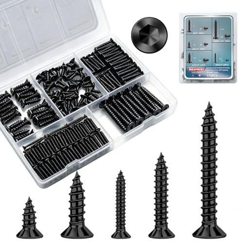 #4#8#10 Wood Screws Assortment Kit 175 Pcs, Flat Head Hex Socket Assorted Screws Set, High Strength Black Zinc Plated Steel, Countersunk Self Tapping Screws for Wood (1-1/2", 1", 3/4", 1/2") - size: #4 #8 #10 Kit (175pcs)