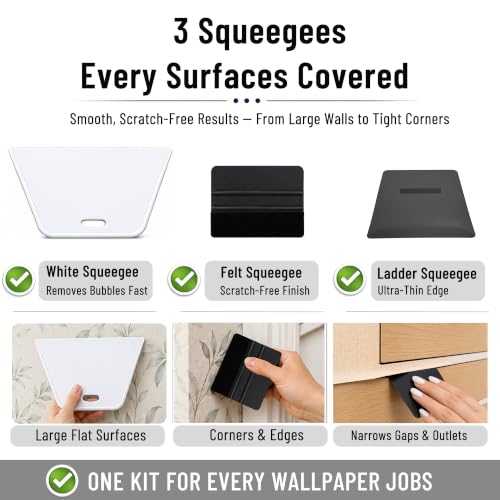 Wallpaper Tools, Wallpaper Kit for Peel and Stick, Smoothing Tool Kit | for Contact Paper, Vinyl Backsplash , All in 1, Foldable Knife Heavy Duty, Seam Roller, Wallpaper Brush