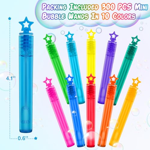 300 Pcs Mini Bubble Wands in 10 Colors, Bulk Party Favors for Kids, Themed Birthday, Christmas, New Year, Valentine, Carnival, School Classroom Prizes for Boys & Girls, Ideal Goodies Bags Stuffers