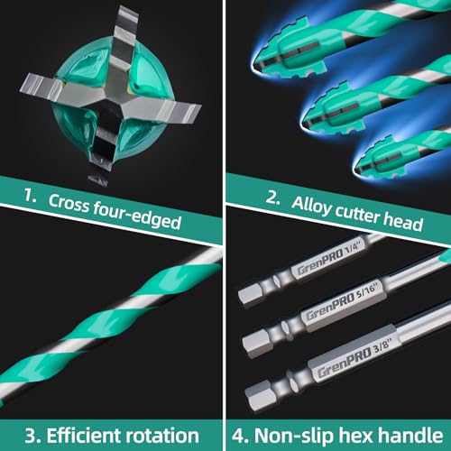 GRENPRO Masonry Drill Bit Set 10Pcs, 1/4"-7/12" Serrated Concrete Drill Bit - size: 1/4" - 7/12" (10 PCS)