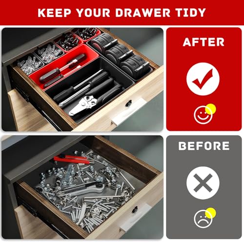 Toolbox Organizer Trays, Tool Chest Drawer Organizer with Non-Slip EVA Pads – 47pcs Red and Black Interlocking Trays for Workbench, Rolling Tool Cart, Garage - color: Red & Black 47PCS