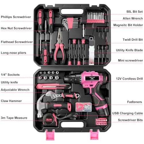JENABOM Drill Set, 151-Piece Home Tool Set with 12V Pink Cordless Drill - color: Pink