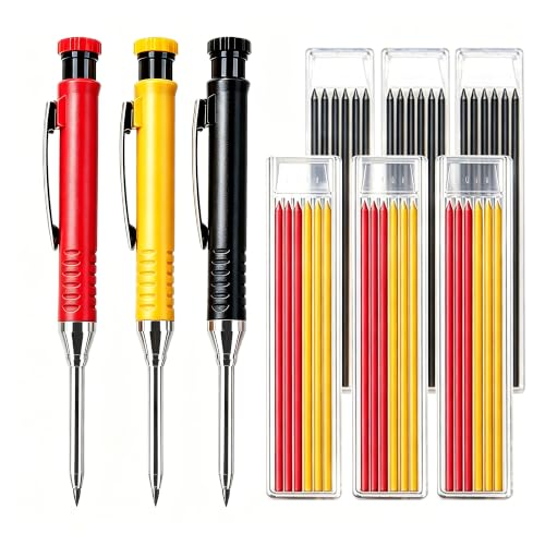 2.8mm Carpenter Pencils Set, 3 Pens and 36PCS Mixed Color 2.8mm Refill Leads, Deep Hole Pencil for Woodworking & Pipeliners (Red/Yellow/Black) - color: Black，rad，yellow