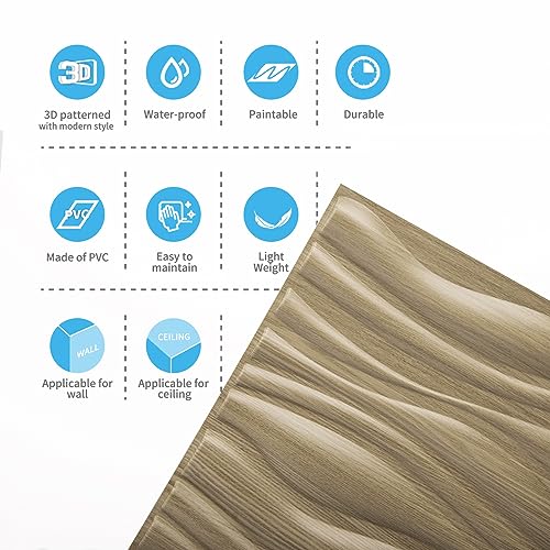 Art3d PVC Wave Textured 3D Wall Panels, 19.7 x 19.7 in, 12-Pack, Walnut