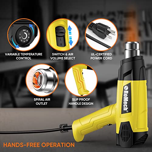 ROMECH 1500W Heavy Duty Heat Gun, Variable Temperature Control Hot Air Gun Kit with 2 Air Flow 120°F~1200°F and 4 Nozzles for Crafts Shrink Wrap (Yellow) - color: Yellow