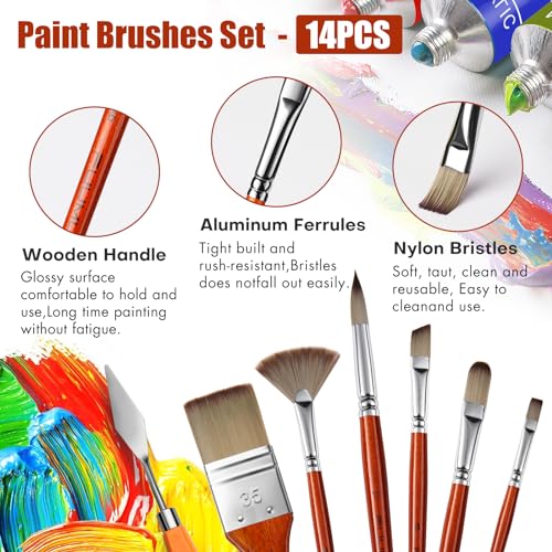 14pcs Acrylic Paint Brushes, Professional Synthetic Bristles Paint Brush Set with Extra Palette Knife - Flat, Filbert, Fan, Dagger, Round, Angle, Rigger Paint Brushes for Oil, Acrylic Canvas Paintings - color: Yellow
