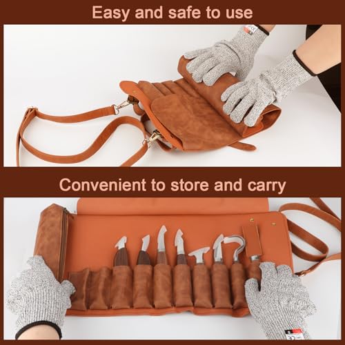 Deluxe Wood Carving Kit, Wood Carving Tools Set, 8Pcs Whittling Knifes & 5Pcs Detail Carving Knives with Large Leather Case & Gloves, Wood Whittling Kit for Beginners and Carpenter Experts