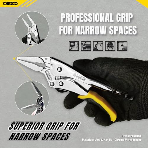 CHESCO 6-inch Long Nose,2nd Gen Easy Release Patented Force-Saving Locking Pliers, Premium Cr-Mo Steel Vise-Grips for Welding, Automotive, HVAC & Plumbing,Cureved jaw Locking Pliers - size: 6 inch