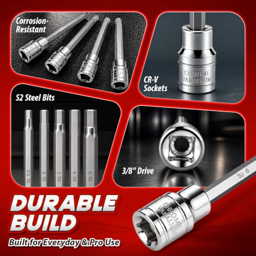 JETMORE 19PCS 3/8" Drive Allen Socket Set, Extra Long Hex Bit Socket Set