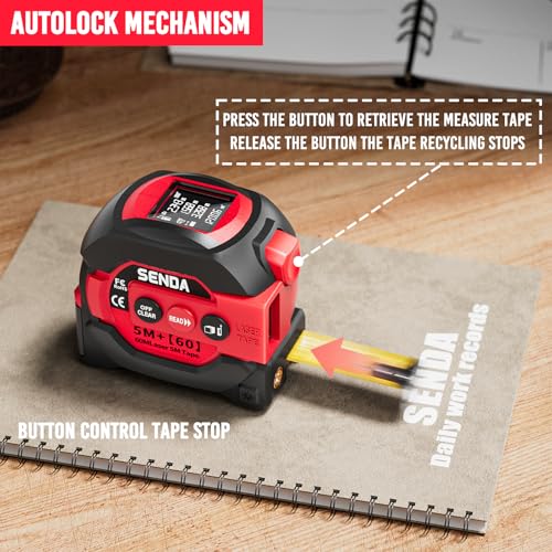 SENDA 3-in-1 Laser Tape Measure - 197Ft Digital Measuring Tape with Led Display&16Ft Measuring Tool with Magnetic Hook & Auto Lock - Pythagorean, Area, Volume, Ft/Ft+in/in/M Unit, AAA Battery*2, Red - color: Red(battery Model), size: 197 FT