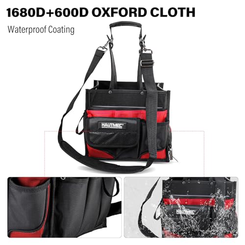 HAUTMEC Heavy Duty Electrician Tool Bag with Removable Parts Tray, 37-Pocket Tool Tote Organizer, Open Top Tool Carrier with Shoulder Strap for Electrician, HVAC, Mechanic & Maintenance – HT0174