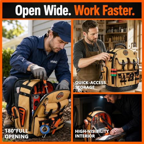 LOKASS Tool Backpack Heavy Duty, 18.5 in, 56 Pockets, Molded Bottom, Brown - color: Brown