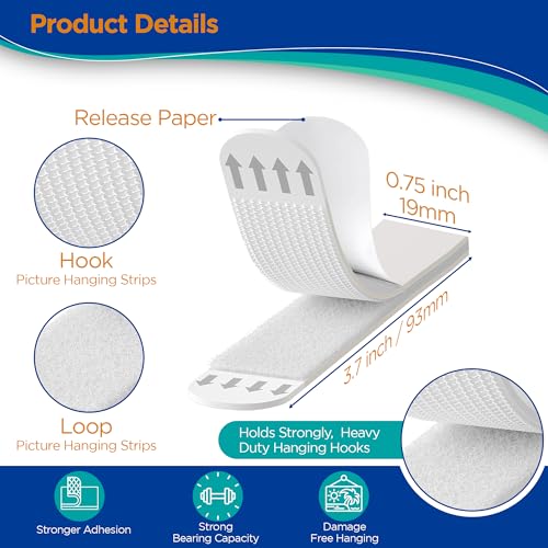 Picture Hanging Strips Heavy Duty - 64x Strips(32 Pairs), Wall Hanging Adhesive Strips for Damage-Free Picture Hangers Without Nails and Frame Mounting - size: 64x (3.7 inches x 0.75 inches)