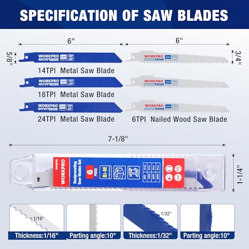 WORKPRO 6-Piece 6" Reciprocating Saw Blade Set with Organizer Case