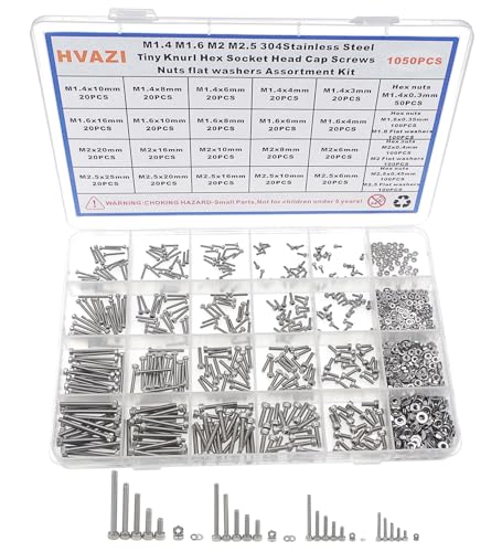 1050PCS M1.4-M2.5 304 SS Socket Head Cap Screws Nuts Flat Washers Kit