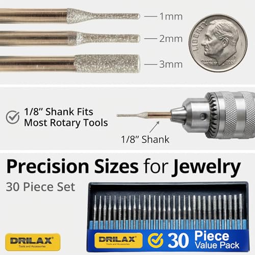 Drilax 30-Pc Diamond Drill Bits for Stone, Glass, Dremel, 1-3mm, 1/8" Shank - size: 1mm - 2mm - 3mm