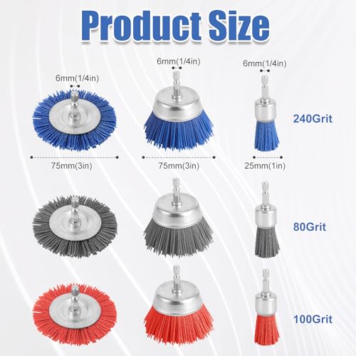 9pcs Nylon Wire Wheel & Cup Brush Set for Drill, 3 Sizes Abrasive Brush with 1/4in Hex Shank for Cleaning Sanding Drill Scrub Brush Attachment Remove Paint 80/100/240 Grit
