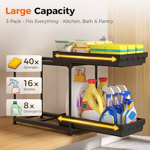 Sevenblue 3-Pack 2-Tier Under Sink Organizers with Sliding Drawers - color: Black 2-Tier Sliding, size: 12.8 Inch