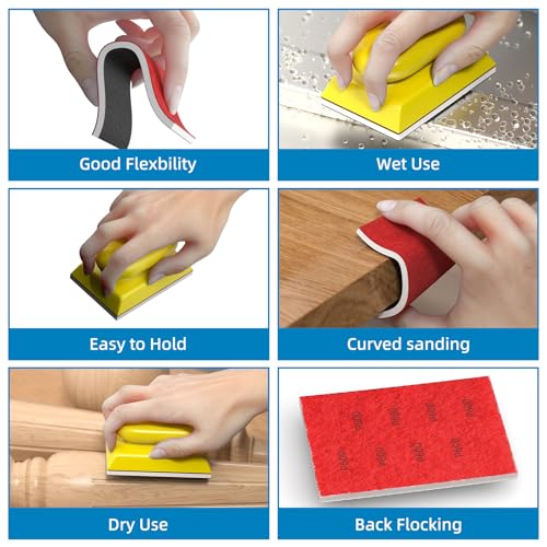 BURMONG Sanding Sponge Set, Reusable 3×4 Inch Wet Dry Foam Sanding Blocks for Wood, Furniture, Metal & Drywall (120-600 Grit Set)