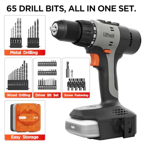 Litheli 20V Cordless Drill Driver Set, Electric Power Drill with 2 Variable Speed Settings, 1/2 Inch Keyless Chuck, 21+1 Clutch Settings with Maximum Torque of 443 In-lbs