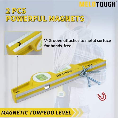 MELOTOUGH 10 Inch Die-Cast Aluminum Magnetic Torpedo Level,Small Magnetic Level for Construction,Carpentry,Scaffolding,Torpedo Level with Rare Earth Magnet,Pencil and Holster,Yellow - color: Yellow-1pcs