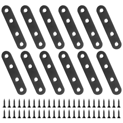 12 PCS 2.99'' x 0.63'' Stainless Straight Flat Brackets, Black Flat Metal Brace Bracket, Support Flat Metal Brace for Wood Furniture, Mending Plate Connector Joining Bracket for Fence,48 Screws - size: 3 x 0.63 in