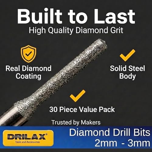 Drilax 30-Pc Diamond Drill Bit Set, 15x 2mm & 15x 3mm, 1/8 Inch Shank Dremel Compatible for Glass, Sea Glass, Gemstones, Ceramic & Lapidary Jewelry Making - size: 2mm - 3mm