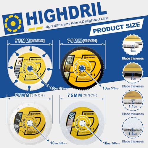 HIGHDRIL 3" 75mm Circular Saw Blade Set 4pcs - Diamond/HSS/Carbide Cutting Disc for Angle Grinder Cutting Metal Copper Aluminum Plastic Wood Glass - size: MIX 6