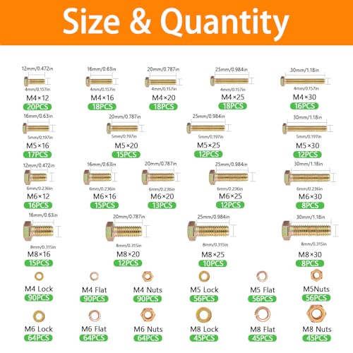 1020PCS Grade 8.8 Metric Bolt Assortment Kit -M4 M5 M6 M8 Heavy Duty Hex Bolts & Nuts with Washers,Yellow Zinc Plated(12-30mm), Automotive/Furniture Hardware,Assorted Metric Fasteners for DIY & Repair