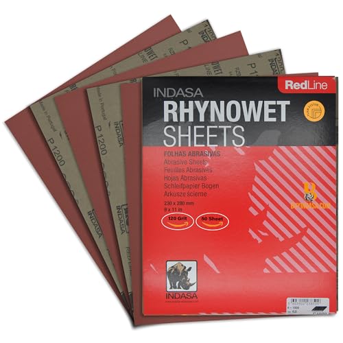 INDASA Rhynowet Red Line Wet Dry Sanding Sheets 9 x 11 Inch 120 Grit Waterproof Latex Backing Abrasive Paper for Wood Metal Automotive Surface Prep Pack of 50 - size: 120-Grit 9"x11"