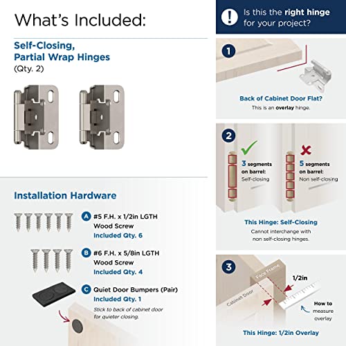 Amerock 1 Pair 1/2" Overlay Satin Nickel Partial Wrap Cabinet Hinge - color: Satin Nickel, size: 1/2 Inch (13 mm) Overlay