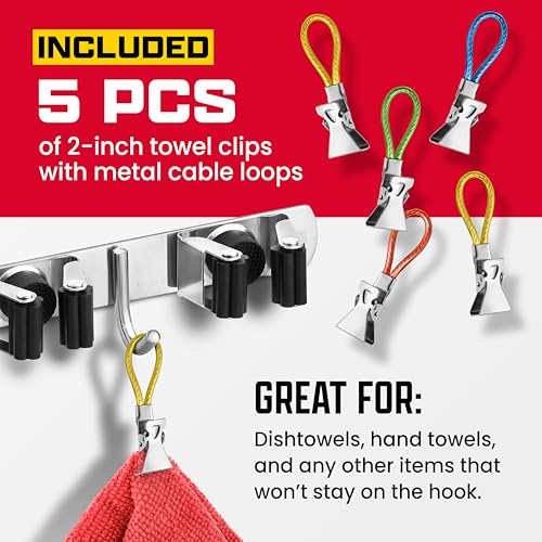 Wall Mount Hanger for Brooms & Mops - Adhesive Stainless Steel Mops & Broom Holder, 4 Clamps, 3 Hooks, & 5 Towel Hanger Clips Including Mounting Hardware for Utility Room Organization - color: 1 Pack - 4 Clamps