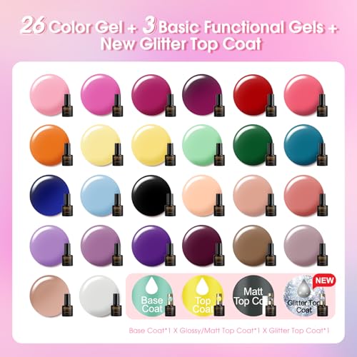 ROSALIND 30pcs All Seasons Gel Nail Polish Set with Base and Gel Top Coat | 26 Nude Blue Red Colors Gel Polish,3Pcs Glossy Matte Glitter Top Coat and Base Coat, Gel Nails art Kit, DIY Salon at Home - color: Rose Serise