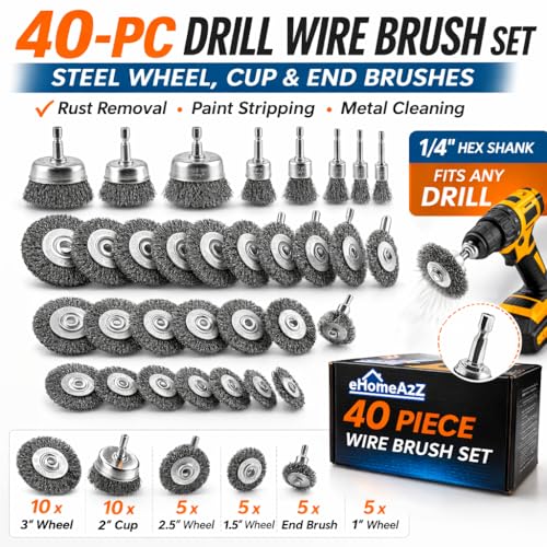 40-Piece Wire Brush Set for Drill – Steel Wire Wheel, Cup & End Brushes with 1/4" Hex Shank – Rust Removal, Paint Stripping, Metal Cleaning Drill Attachment Kit