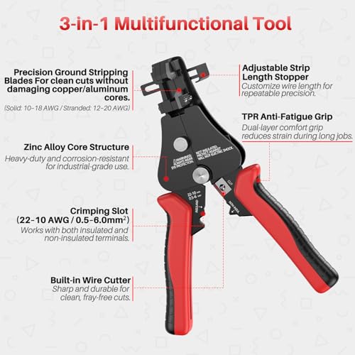 GKG Automatic Wire Stripper, 3 In 1 Adjustable Stripper/Cutter/Crimping Tool, Heavy Duty Automatic Electrical Wire Strippers for 8-20 AWG Solid and 10-22 AWG Stranded