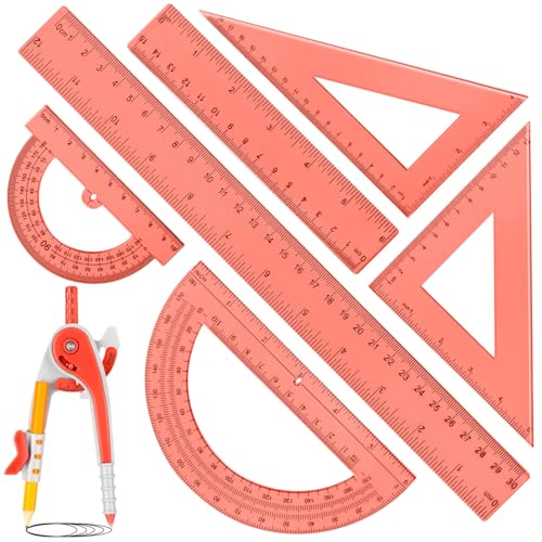 Zonon 7 Pcs Geometry Math Set with Compass Protractor Rulers, Orange - color: Orange