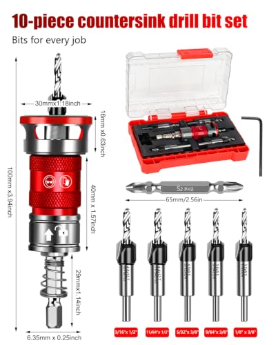 Upgrade 10PCS Countersink Drill Bit Set with Adjustable Depth Stopper - color: Red, size: Extended - Quick Adjustment