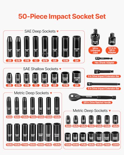 VEVOR 3/8" Drive Impact Socket Set, 50-Piece, Deep & Shallow Kit - size: 3/8" 50PCS