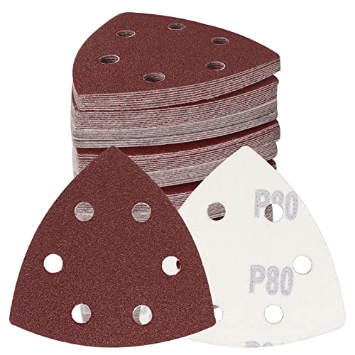 120 Pcs Triangle Sanding Pads, 80 Grits Detail Sander Sandpaper Hook and Loop Sanding Sheet,3.54"(90mm) Triangular Sandpaper for 3.5" Oscillating Multi Tool - size: 80 Grit, style: Hole
