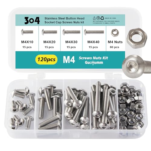 M4 x 10mm 20mm 30mm 40mm Button Head Socket Cap Screws Bolts and Nuts, Stainless Steel 304, Bright Finish, Metric Allen Hex Drive, Fully Thread, Assortment Kit 120PCS - size: Button M4x10-40mm+Nuts