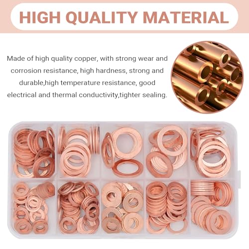 200 PCS Car Copper Washers Assortment Kit, Metric Copper Crush Washer, 9 Sizes Flat Sealing Washer Assortment Kit, Universal Copper Oil Pan Plug Sealing Gaskets for Cars (Gold)