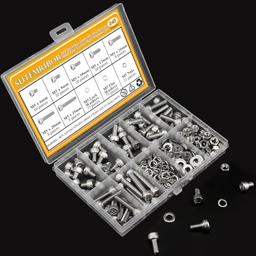 245 Pieces M5 Screws Nuts Washers Set, Sutemribor M5 x 6/8/10/12/16/20/25mm Hex Socket Head Cap Screws Nuts Washers Assortment Kit, 304 Stainless Steel, Fully Threaded - size: M5, style: Socket Head