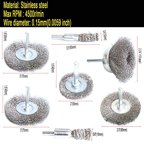 FPPO Stainless Steel Wire Wheel Brush & Crimped Cup Brush Kit for Drill,Fine Wire Diameter 0.0059 Inch,for Rotary Tool with 1/4-Inch Shank,Removal of Rust,deburring,Paint (7pcs)