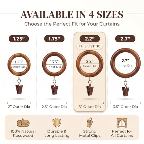 50 Pieces Large Wooden Drapery Curtain Rod Rings with Clips for 1.75 inch to 2 inch Rod Pole, 2.2 inch Inner Diameter, Natural Rosewood (50, 2.2 INCH Inner Dia) - size: 2.2 INCH INNER DIA
