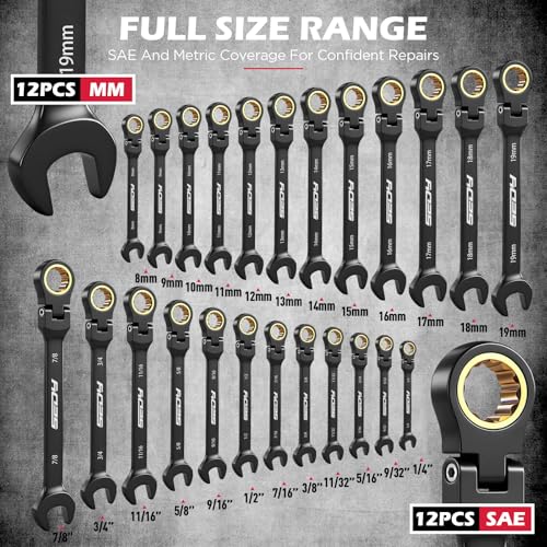 Premium 24-Piece Flex-Head Ratcheting Wrench Set, Metric(8–19mm)& SAE(1/4-7/8") Combination Wrenches, 72-Tooth CR-V Steel with Durable Black Finish, Ratchet Spanners with Roll-Up Tool Pouch for Repair - color: 24-pc Flex-head (Black Finish)
