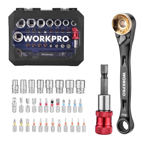 WORKPRO 1/4" Mini Ratchet Wrench Set with Magnetic Bit Holder, Double Head