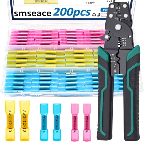 smseace 200PCS Heat Shrink Butt Connector with Crimping Tool 22-10AWG Waterproof Electrical Wire Crimp Connectors for Automotive Boat Stereo Industrial Equipment - size: 200Pcs