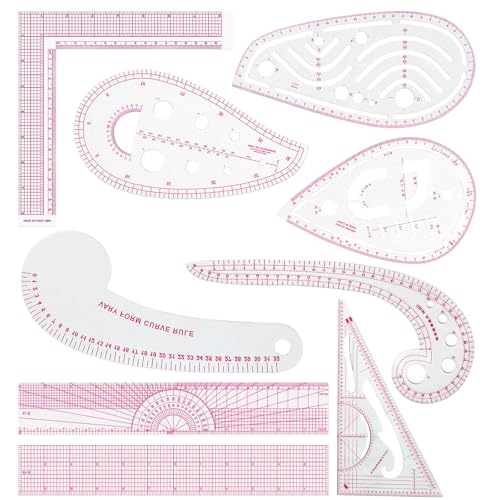 Fashion Clear Metric Sewing Ruler Set,French Curve Pattern Rulers for Beginners, Tailors, Designers, Quilting, Embroidery, Cross Stitch, Crochet, Knitting 9pcs (9-Piece Set) - color: 9-Piece Set