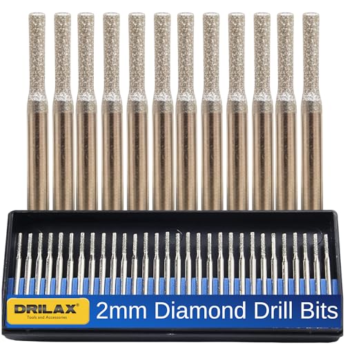 Drilax 30-Pc 2mm Diamond Drill Bit Set, 1/8" Shank for Dremel Rotary Tools, Glass, Sea Glass, Stone & Jewelry Making, Precision Lapidary Bits - size: 2mm